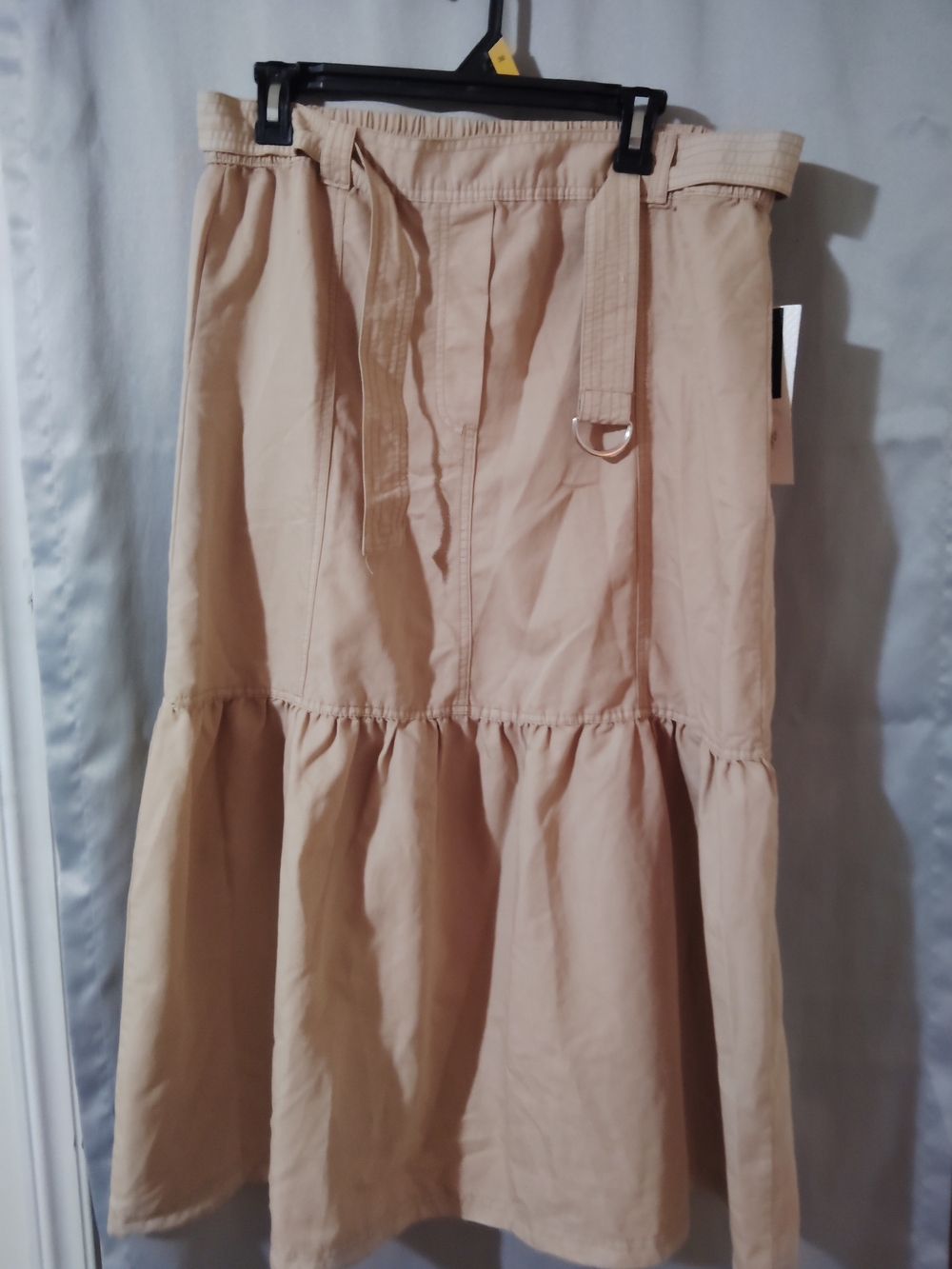 Neutral Beige Tiered Midi Skirt with Belt